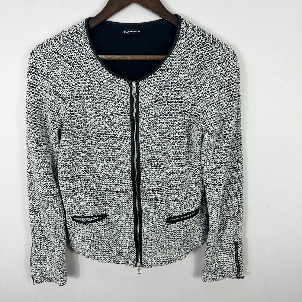 Club Monaco Jacket Womens Small Black White Textured Knit Zip Boucle Modern